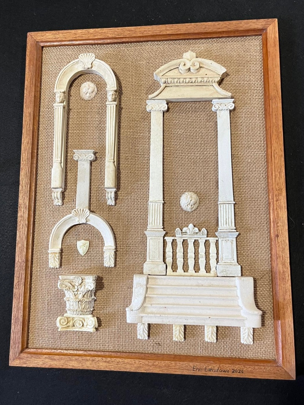 Architectural Archive No. 01, dated 20 July 2026, with a hand-cast grand staircase, arched surround and Corinthian capital on woven hessian