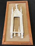Architectural Archive No. 07, a small framed Gothic architectural wall panel with hand-cast plaster and resin ornament on woven hessian