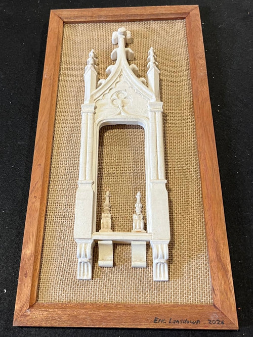 Architectural Archive No. 07, a small framed Gothic architectural wall panel with hand-cast plaster and resin ornament on woven hessian